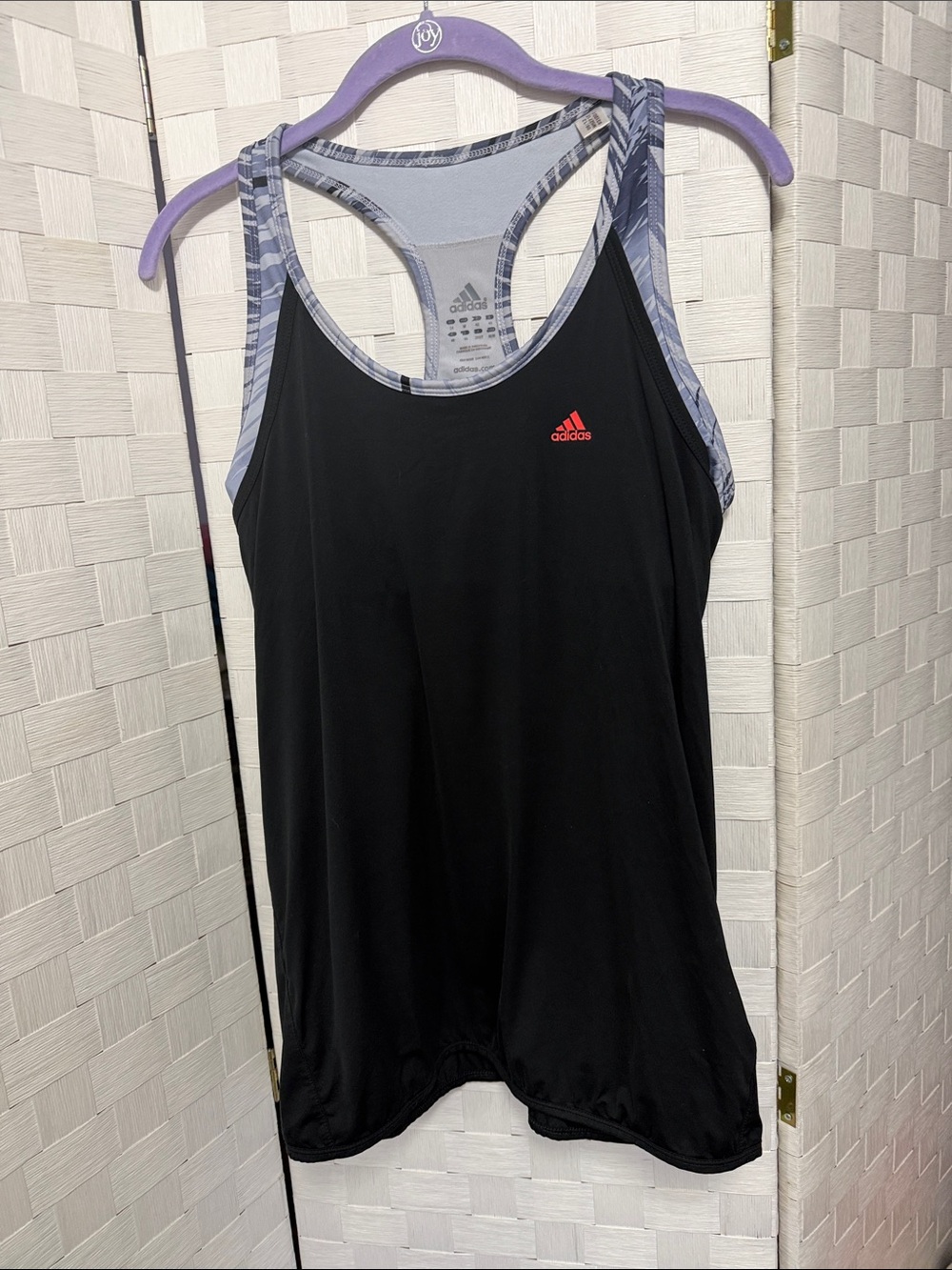 adidas Black Racerback Tank with Gray Pattern Trim and Red Logo
